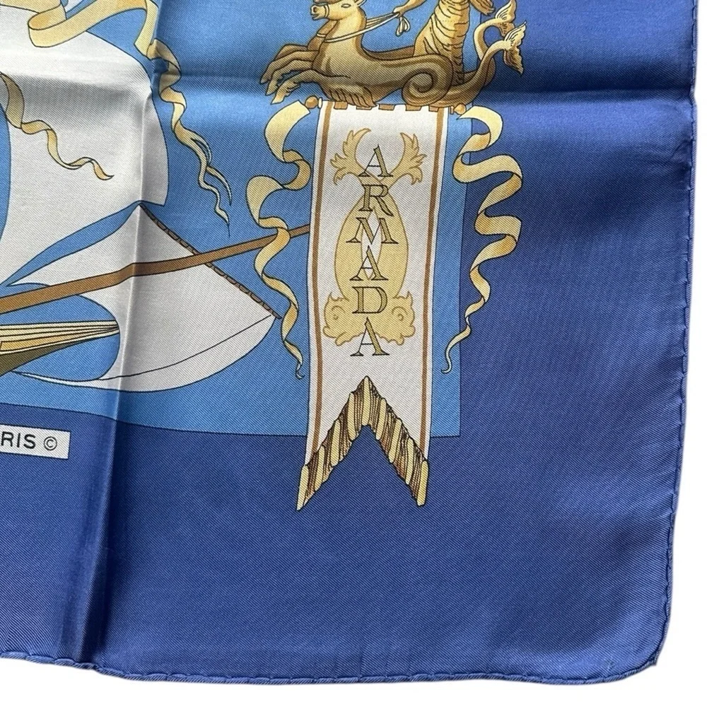 Hermès “Armada” Carre 90 Classic Blue & Gold Ships Nautical Silk Scarf w/Box
